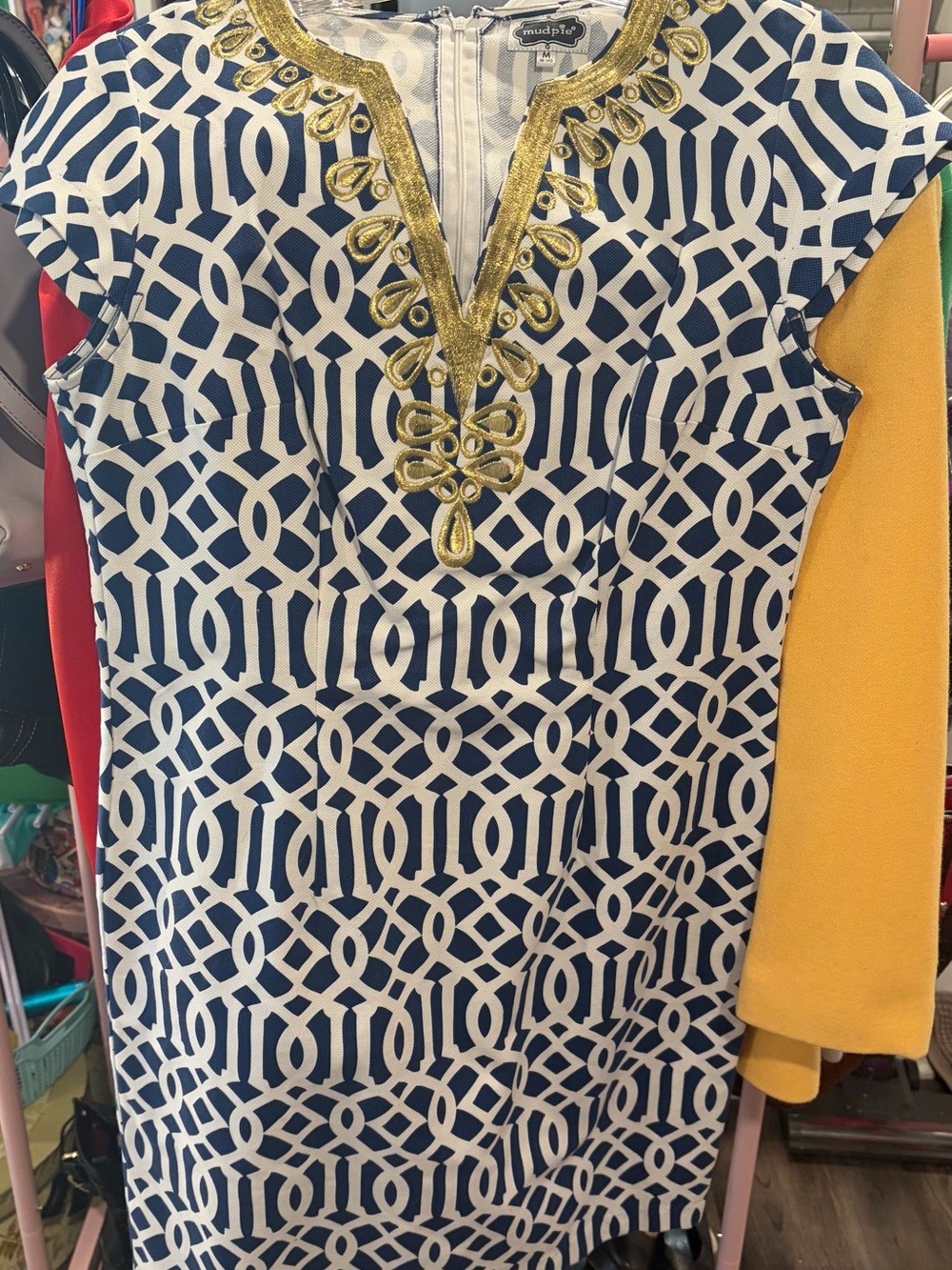 Mud Pie Navy & White Geometric Sheath Dress with Gold Embellishment